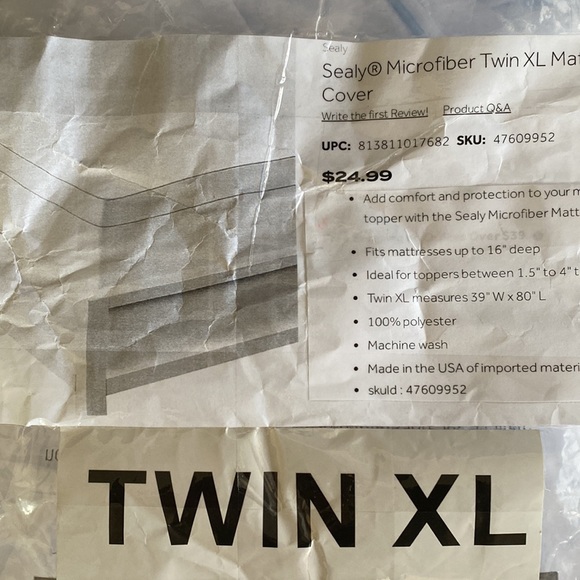 New, never used, Sealy Microfiber Twin XL Mattress Topper Cover - Picture 1 of 3